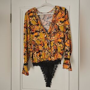 Free People Floral Lace Trim Bodysuit - Multicolor